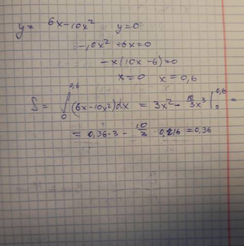 Вычислите площадь под застройку,ограниченной линиями у=Ах-Вх^2 и осью Ох, А=6,В=10