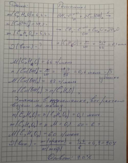 При взаимодействии 4,4 г этаналя и 39,2 г гидроксида меди (II) получили 5,4 г этановой кислоты. Расс