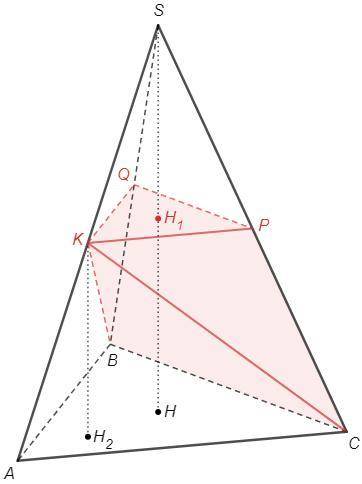 Дана правильная треугольная пирамида SABC, AB = 18, высота SH = 22, точка K - середина AS, точка N -