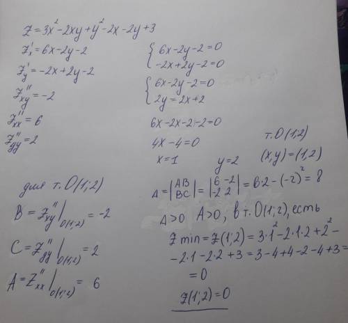 Исследовать на экстремум функцию z = 3x² - 2xy + y² - 2x - 2y + 3