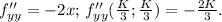 f''_{yy}=-2x;\, f''_{yy}(\frac{K}{3};\frac{K}{3})=-\frac{2K}{3}.
