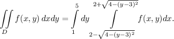 \displaystyle \iint\limits_D f(x, y)\,dxdy = \int\limits_{1}^{5}dy \int\limits_{2 -\sqrt{4 - (y-3)^{2}}}^{2 + \sqrt{4 - (y-3)^{2}}}f(x,y)dx.