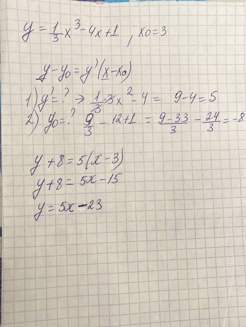 Составьте уравнение касательной к графику функции y= 1/3 x^(3) -4x + 1 в точке абсциссой x0 =3 ​
