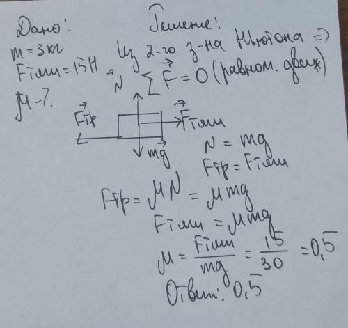 Найти коэффициент трения при равномерном движении тела массой 3 кг под действием силы тяги 15 Н.