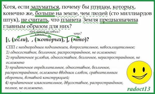 Выполните синтаксический разбор предложения: Хотя, если задуматься, почему бы птицам, которых, конеч