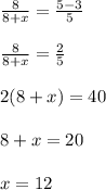\frac{8}{8+x}=\frac{5-3}{5}\\\\\frac{8}{8+x}=\frac{2}{5}\\\\2(8+x)=40\\\\8+x=20\\\\x=12