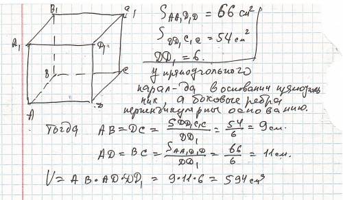 площади двух граней прямоугольного параллелепипеда равны 54 см^2 и 66 cм^2 а длина их общего ребра 6
