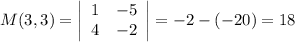M(3,3)=\left|\begin{array}{cc}1&-5\\4&-2&\end{array}\right|=-2-(-20)=18