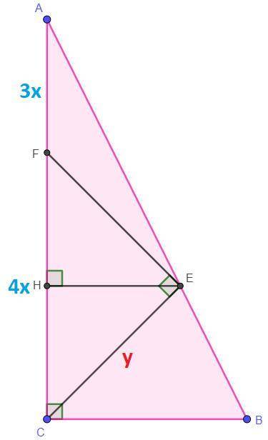 В прямоугольном треугольнике ABC проведена биссектриса CE. Перпендикуляр к ней, проходящий через точ
