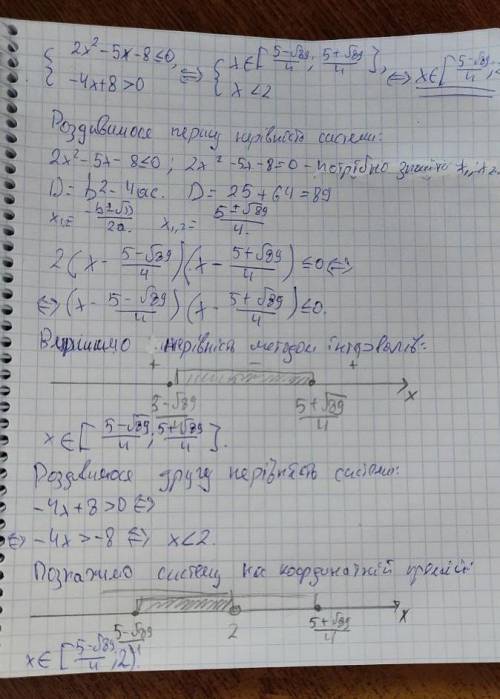 Розв'язати систему нерівностей{2х²-5х-8≤0{-4х+8>0​