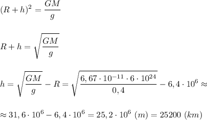 \displaystyle (R+h)^{2}=\frac{GM}{g}\\\\\\R+h=\sqrt{\frac{GM}{g}}\\\\\\h=\sqrt{\frac{GM}{g}}-R=\sqrt{\frac{6,67\cdot10^{-11}\cdot6\cdot10^{24}}{0,4}}-6,4\cdot10^{6}\approx\\\\\\ \approx31,6\cdot10^{6}-6,4\cdot10^{6}=25,2\cdot10^{6} \ (m)=25200 \ (km)