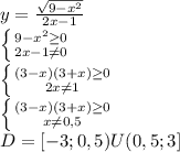 \\y=\frac{\sqrt{9-x^2}}{2x-1}\\\left \{ {{9-x^2\geq 0} \atop {2x-1\neq 0}} \right\\\left \{ {{(3-x)(3+x)\geq 0} \atop {2x\neq 1}} \right\\\left \{ {{(3-x)(3+x)\geq 0} \atop {x\neq 0,5}} \right\\D=[-3; 0,5)U(0,5; 3]