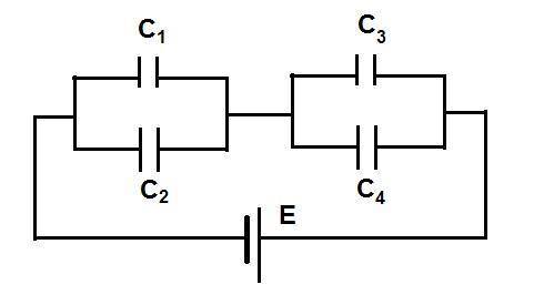 В схеме представленной на рисунке C1=C, C2=2C, C3=3C, C4=4C, где С= 10^-6 Ф, E=20В. Найти результиру