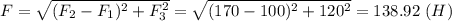 F = \sqrt{(F_2 - F_1)^2+F_3^2} = \sqrt{(170 - 100)^2+120^2} = 138.92~(H)