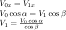 V_{0x} =V_{1x} \\V_{0}\cos\alpha =V_{1}\cos\beta \\V_{1}=\frac{V_{0}\cos\alpha}{\cos\beta}