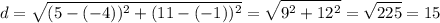 \displaystyle d = \sqrt{(5-(-4))^2 + (11-(-1))^2}=\sqrt{9^2+12^2} =\sqrt{225} =15
