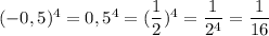 (-0,5)^4 =0,5^4 =(\dfrac{1}{2})^4=\dfrac{1}{2^4} =\dfrac{1}{16}