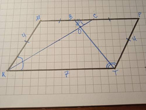 В параллелограмме со сторонами 4 см и 7 см биссектрисы углов при большем основании пересекаясь в точ