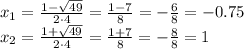 {x}_{1} = \frac{1 - \sqrt{49} }{2 \cdot4} = \frac{1 - 7}{8} = - \frac{6}{8} = - 0.75 \\ {x}_{2} = \frac{1 + \sqrt{49} }{2 \cdot4} = \frac{1 + 7}{8} = -\frac{8}{8} = 1\\