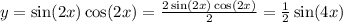 y=\sin(2x)\cos(2x)=\frac{2\sin(2x)\cos(2x)}{2} =\frac{1}{2} \sin(4x)