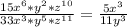 \frac{15x^{6}*y^{2}*z^{10}}{33x^{3}*y^{5}*z^{11}}=\frac{5x^{3}}{11y^{3}}