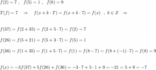 f(2)=7\ ,\ \ f(5)=1\ ,\ \ f(8)=9\\\\T(f)=7\ \ \ \Rightarrow \ \ \ f(x+k\cdot T)=f(x+k\cdot 7)=f(x)\ \ ,\ k\in Z\ \ \Rightarrow \\\\\\f(37)=f(2+35)=f(2+5\cdot 7)=f(2)=7\\\\f(26)=f(5+21)=f(5+3\cdot 7)=f(5)=1\\\\f(36)=f(1+35)=f(1+5\cdot 7)=f(1)=f(8-7)=f(8+(-1)\cdot 7)=f(8)=9\\\\\\f(x)=-3f(37)+5f(26)+f(36)=-3\cdot 7+5\cdot 1+9=-21=5+9=-7