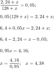 \displaystyle \frac{2,24+x}{128+x } = 0,05;\\\\0,05(128+x) = 2,24+x;\\\\6,4+0,05x=2,24+x;\\\\6,4-2,24=x-0,05;\\\\0,95x=4,16;\\\\x=\frac{4,16}{0,95} ;\;\;\;x = 4,38