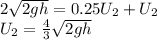 2\sqrt{2gh} =0.25U_2+U_2\\U_2=\frac{4}{3} \sqrt{2gh}