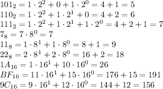 101_2=1\cdot2^2+0+1\cdot2^0=4+1=5\\110_2=1\cdot2^2+1\cdot2^1+0=4+2=6\\111_2=1\cdot2^2+1\cdot2^1+1\cdot2^0=4+2+1=7\\7_8=7\cdot8^0=7\\11_8=1\cdot8^1+1\cdot8^0=8+1=9\\22_8=2\cdot8^1+2\cdot8^0=16+2=18\\1A_{16}=1\cdot16^1+10\cdot16^0=26\\BF_{16}=11\cdot16^1+15\cdot16^0=176+15=191\\9C_{16}=9\cdot16^1+12\cdot16^0=144+12=156