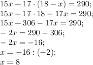 15x+17\cdot(18-x)=290;\\15x+17\cdot18 -17x=290;\\15x+306 -17x=290;\\-2x=290-306 ;\\-2x= -16;\\x=-16:(-2) ;\\x=8