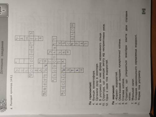 по горизонталі: 4. Функція хроматофора. в органели руху в зооспори. 8. вулотриксу він має форму неза