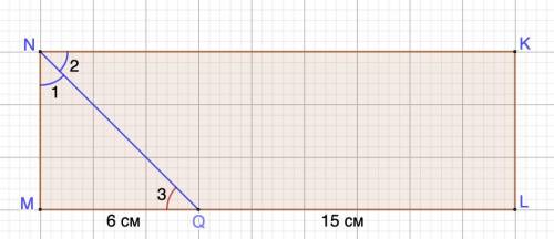 Дан прямоугольник MNKL . Биссектриса угла N пересекает сторону ML в точке Q . MQ=6 см и QL=15 см. На