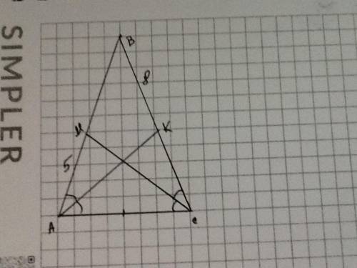 в равнобедренном треугольнике ABC с основанием AC проведены биссектрисы AK и СМ. BK= 8 СМ, АМ= 5 см.