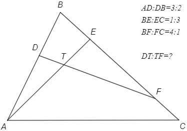 , В треугольнике ABC на стороне АВ взята точка D, а настороне ВС точки Е и F так, что AD:DB=3:2, BE: