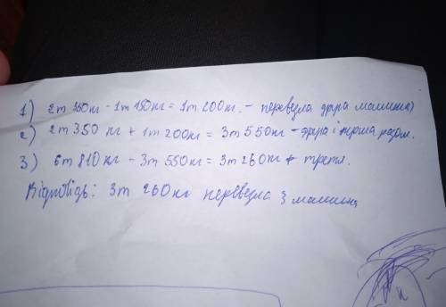 У господарстві під час жнив три машини відвантажили 6т 810кг. Перша машина перевезла 2т 350кг зерна,