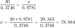\dfrac{30}{0,3746} =\dfrac{x}{0,9781} \\\\\\x= \dfrac{30 * 0,9781}{0,3746} = \dfrac{29,343}{0,3746}= 78,884