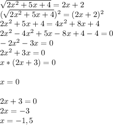 \sqrt{2x^2+5x+4}=2x+2\\(\sqrt{2x^2+5x+4})^2=(2x+2)^2\\2x^2+5x+4=4x^2+8x+4\\2x^2-4x^2+5x-8x+4-4=0\\-2x^2-3x=0\\2x^2+3x=0\\x*(2x+3)=0\\\\x=0\\\\2x+3=0\\2x=-3\\x=-1,5