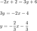 \displaystyle -2x+2=3y+6\\\\3y = -2x -4\\\\y=-\frac{2}{3} x-\frac{4}{3}