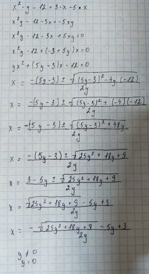 Решите в целых числах уравнение x^2*y-12=3*x-5*x*y