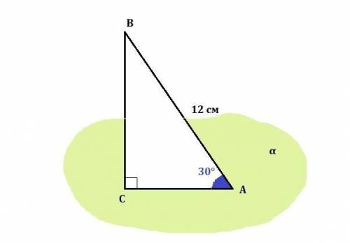 К плоскости α проведена наклонная AB (A∈α). Длина наклонной равна 12 см, наклонная с плоскостью обра