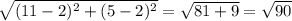 \sqrt{(11-2)^2+(5-2)^2} = \sqrt{81+9} = \sqrt{90}
