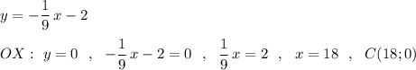 y=-\dfrac{1}{9}\, x-2\\\\OX:\ y=0\ \ ,\ \ -\dfrac{1}{9}\, x-2=0\ \ ,\ \ \dfrac{1}{9}\, x=2\ \ ,\ \ x=18\ \ ,\ \ C(18;0)