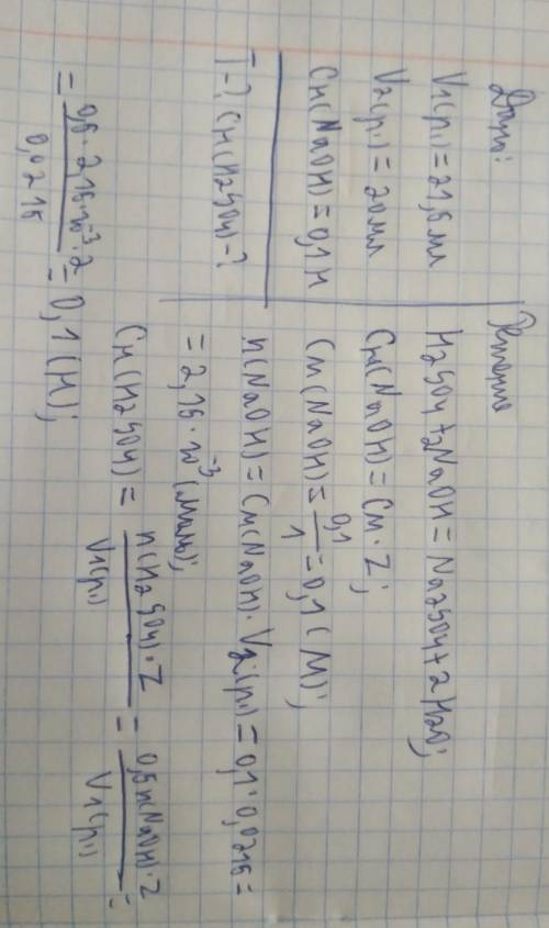На титрование 21,5 мл раствора серной кислоты израсходовано 20 мл 0,1 н. гидрокисда натрия. Рассчита