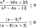 \displaystyle\bf\\\frac{x^{2}-10x+25 }{x^{2} -4x-12} \geq 0\\\\\\\frac{(x-5)^{2} }{(x-6)(x+2)} \geq 0