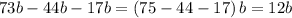 73b-44b-17b=(75-44-17)\, b=12b