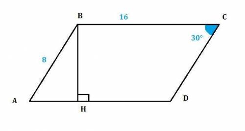 В параллелограмме ABCD проведена высота ВН. Известно, что C = 30 , BC = 16, AB = 8. Найди площадь па