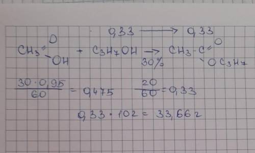 Найдите массу уксуснопропилового эфира, образующегося при взаимодействии 20 г пропилового спирта и 3