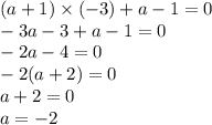 (a + 1) \times ( - 3) + a - 1 = 0 \\ - 3a - 3 + a - 1 = 0 \\ - 2a - 4 = 0 \\ - 2(a + 2) = 0 \\ a + 2 = 0 \\ a = - 2