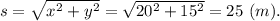 s = \sqrt{x^2 + y^2} = \sqrt{20^2 + 15^2} = 25~(m).
