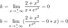 \displaystyle k = \lim_{x \to ^+_-\infty} \frac{2+x^2}{x*e^{x^2}} =0\\\\b= \lim_{x \to ^+_-\infty} (\frac{2+x^2}{e^{x^2}}-0*x)=0